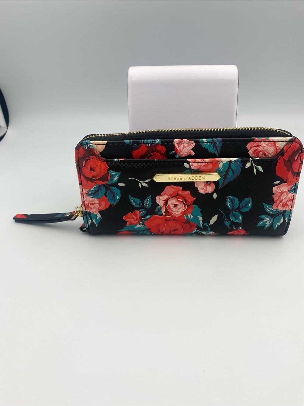 Steve Madden Black Floral Zip-Around Wallet with Red and Pink Roses